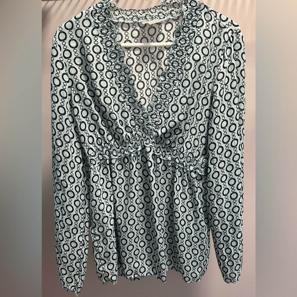 WORTHINGTON Size MEDIUM Turquoise  & Black Ruffled, Long Sleeved  Blouse